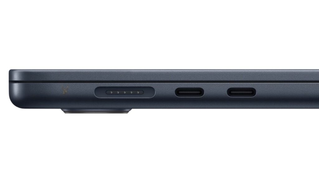 Laptop with two USB-C ports illustrating that identical-looking connectors can support different features and capabilities.