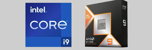 Intel Core i9 and AMD Ryzen 9 processors shown side by side.