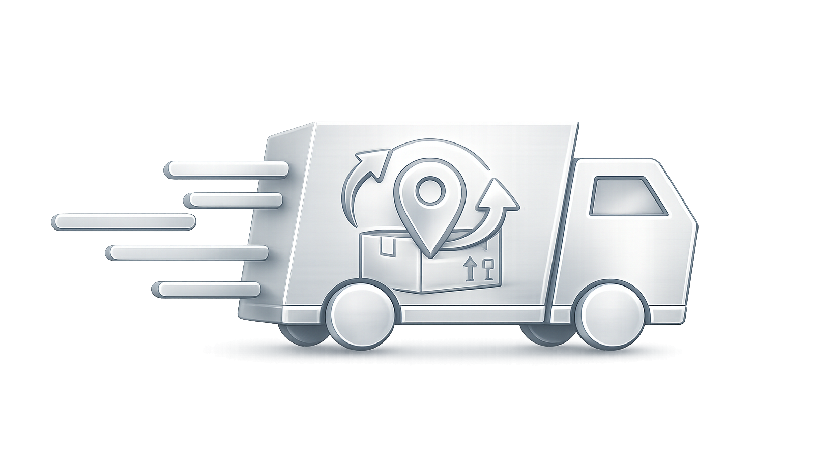 Silver delivery truck with location and return symbols representing computer pickup and return service.