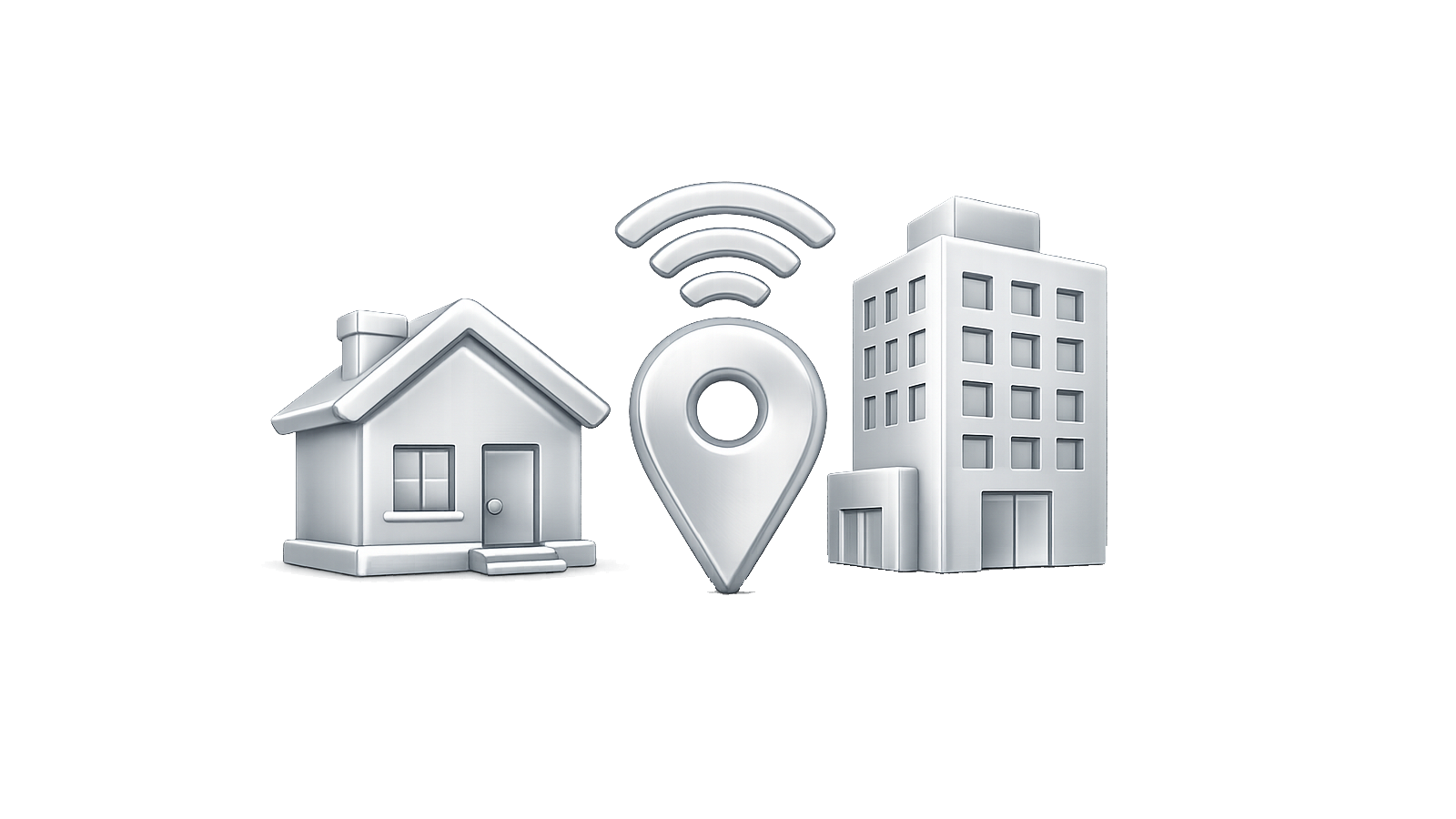 Silver home and office building icon with a Wi-Fi location marker representing on-site computer assistance.
