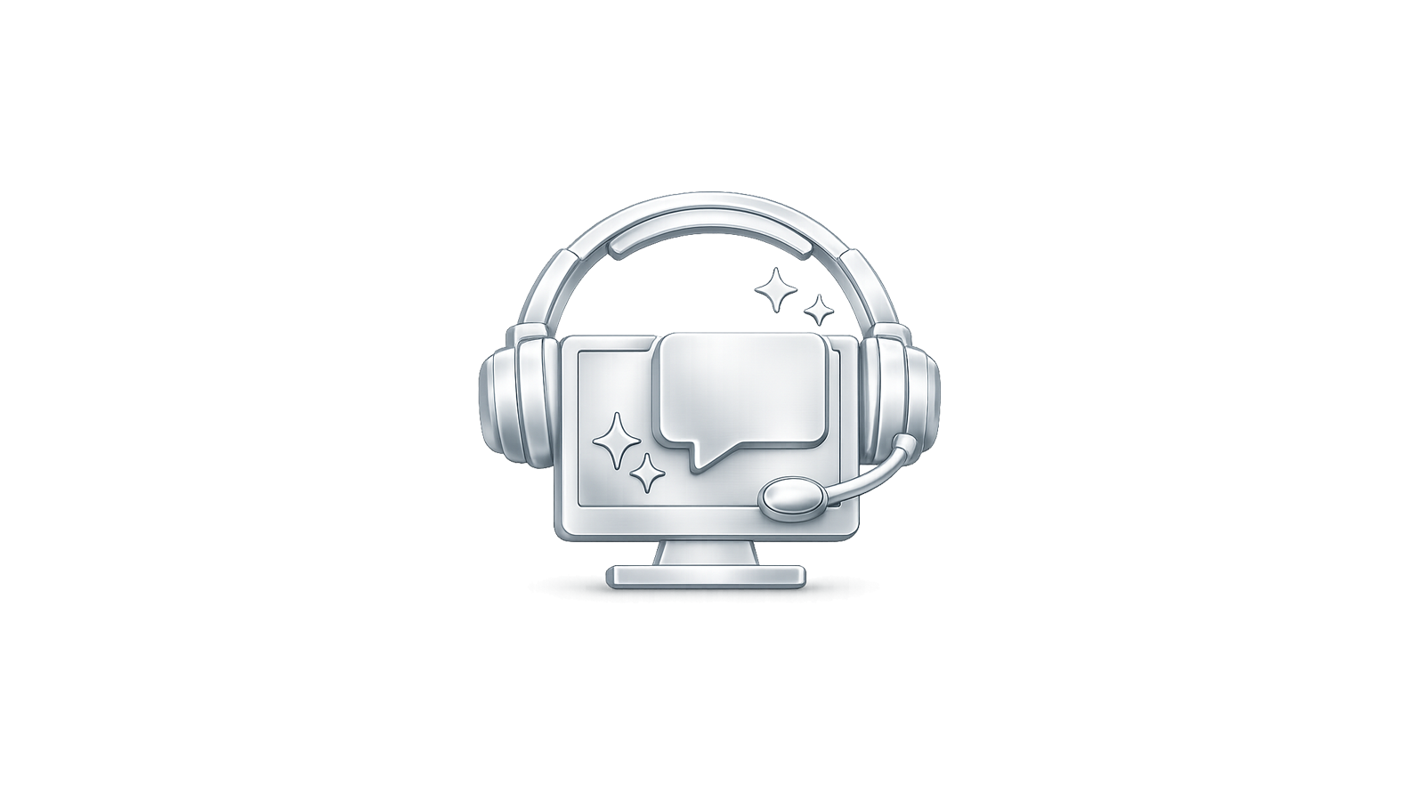 Silver computer monitor with headset and chat bubble representing remote access computer support.