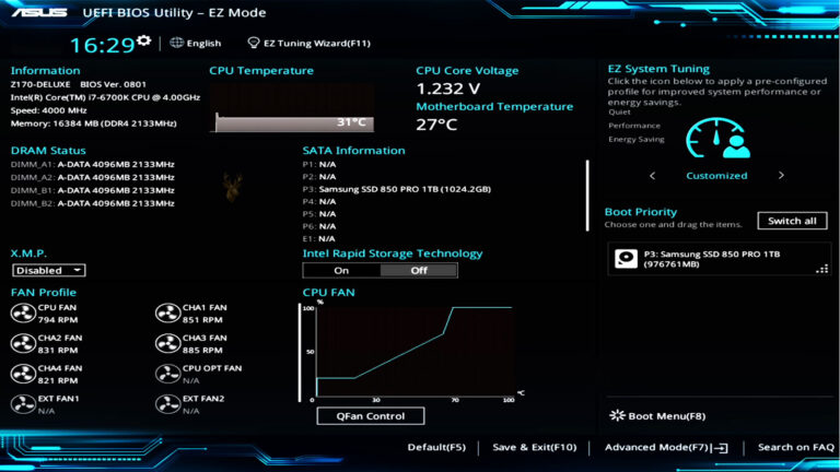 ASUS UEFI firmware setup utility displayed on a computer, providing hardware configuration and system startup options.