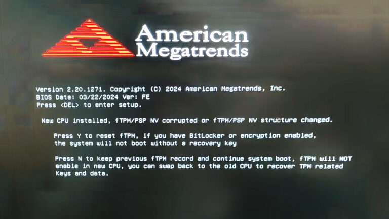 American Megatrends BIOS startup screen checking fTPM, PSP, and newly installed CPU hardware during POST.
