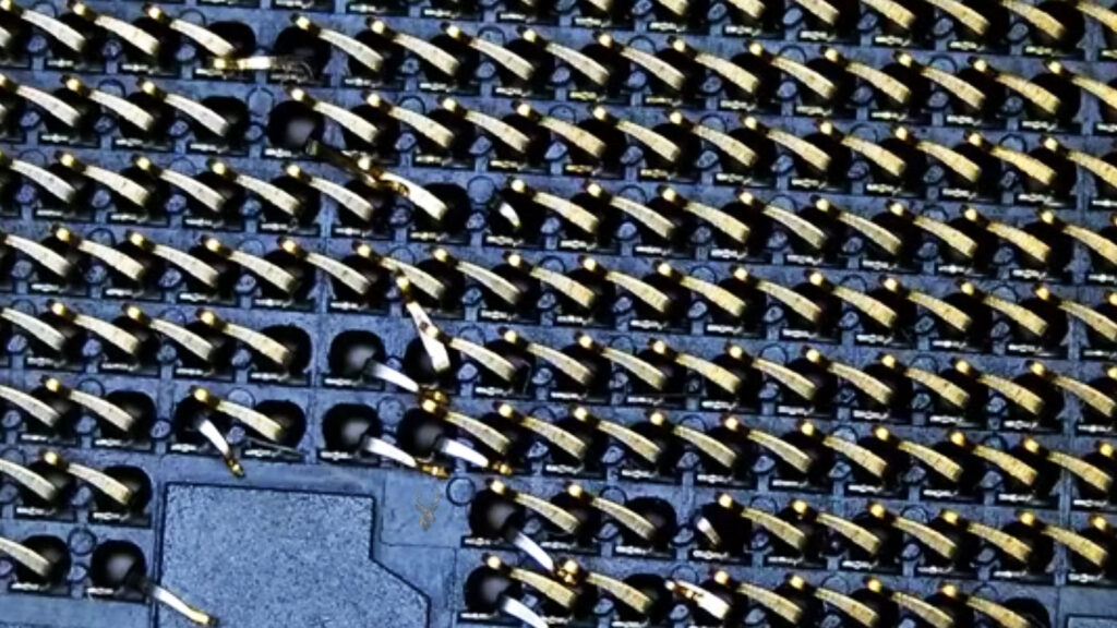Gigabyte motherboard CPU socket with multiple bent and twisted contact pins that can prevent the computer from starting.
