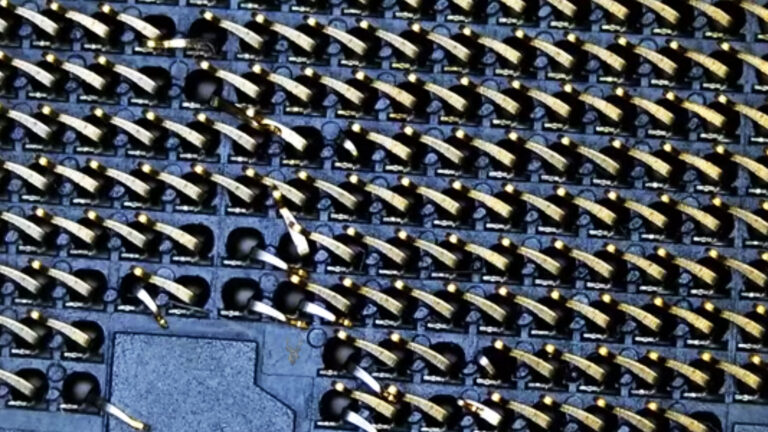 Gigabyte motherboard CPU socket with multiple bent and twisted contact pins that can prevent the computer from starting.