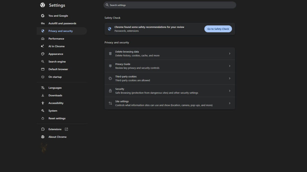Google Chrome Privacy and Security settings showing the Delete Browsing Data option for clearing cached files and other browsing data.