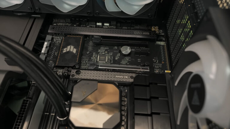 Desktop motherboard with a visible CMOS battery beside the CPU and water-cooling pump, representing BIOS time problems after shutdown.