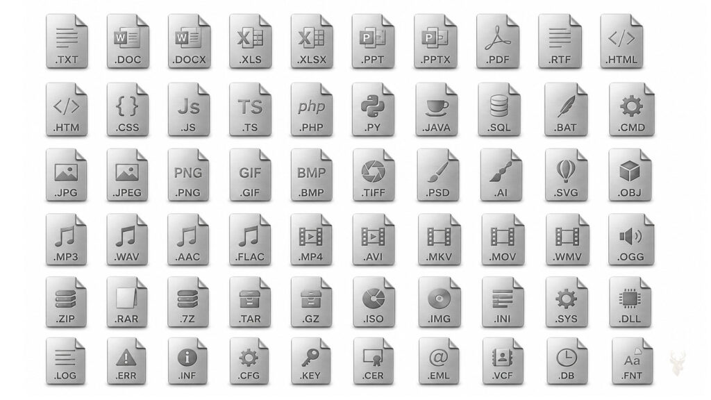 Collection of common file extensions representing documents, images, videos, archives, executables, and other everyday computer file types.