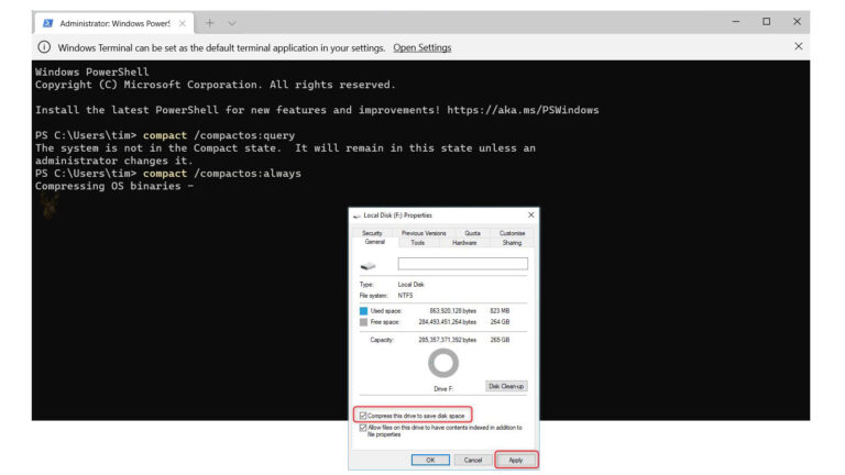 Windows terminal running Compact OS to compress operating system files beside Local Disk properties with drive compression enabled.