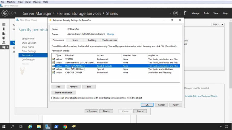 Windows Server Manager showing File and Storage Services share permissions while configuring a roaming profile for a domain user.