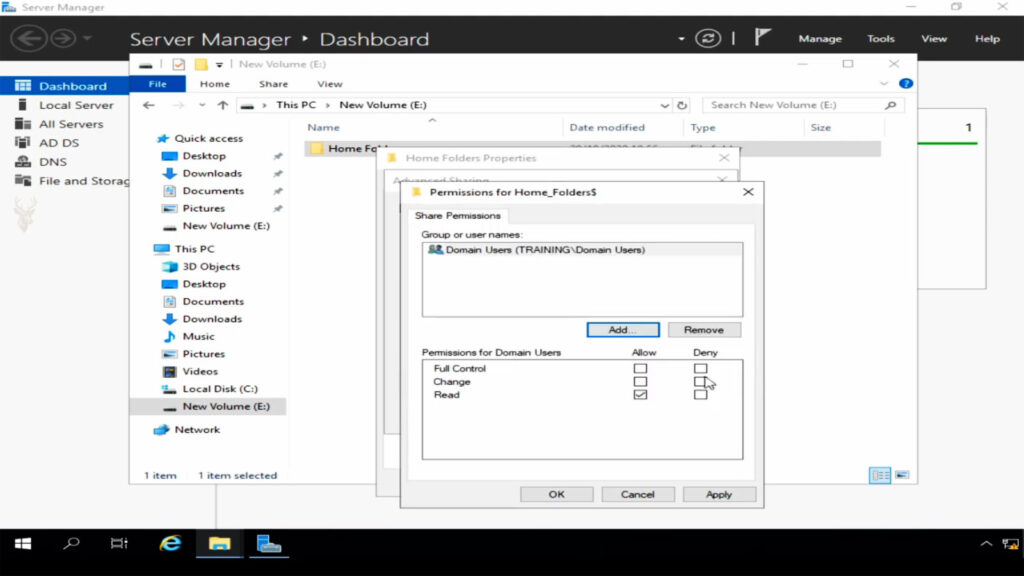 Windows Server Manager showing permissions being configured for a Home_Folder$ network share used as centralized user storage.