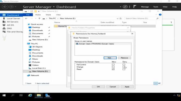 Windows Server Manager showing permissions being configured for a Home_Folder$ network share used as centralized user storage.