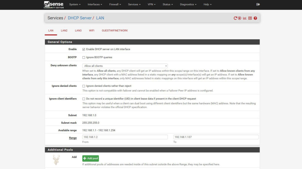 pfSense DHCP server settings for the LAN interface showing the subnet, subnet mask, available address range, and configured DHCP range.