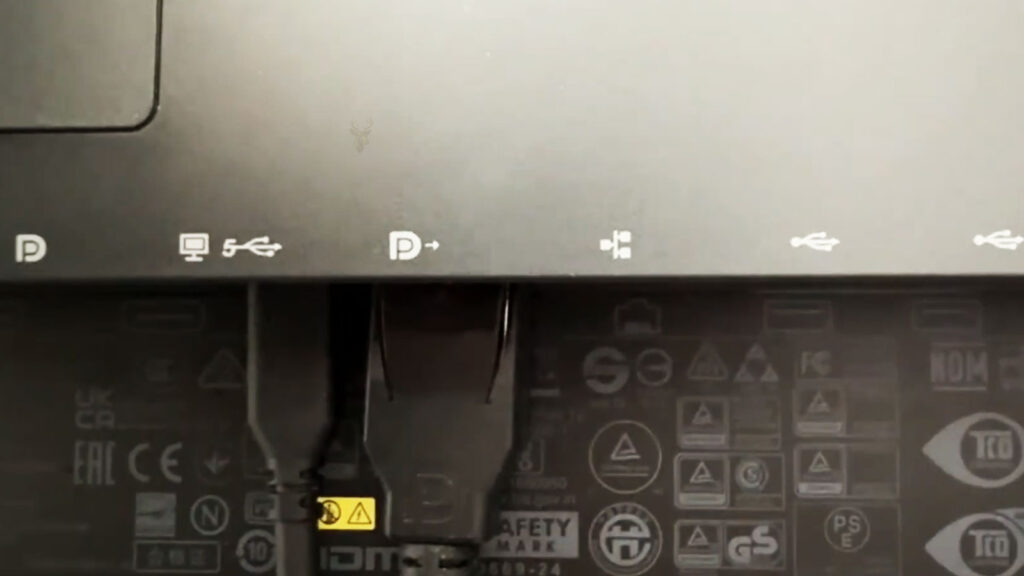 Rear monitor connections showing USB-C and DisplayPort cables configured for a daisy chain multi-monitor setup.