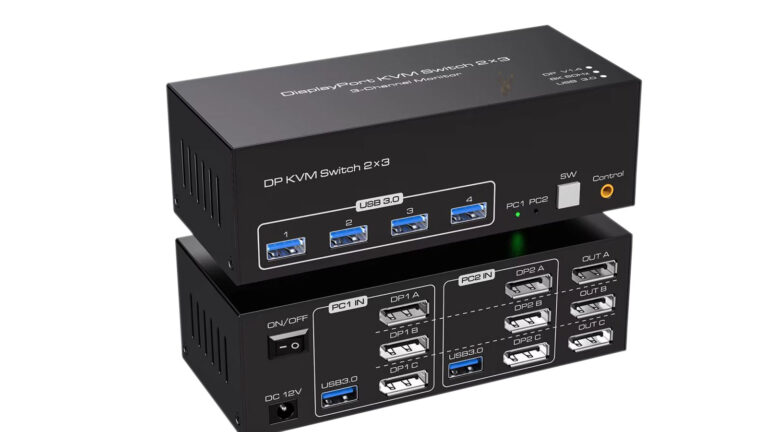 Two 2x3 KVM switches shown from the front and back with PC1, PC2, and USB 3.0 connection labels.