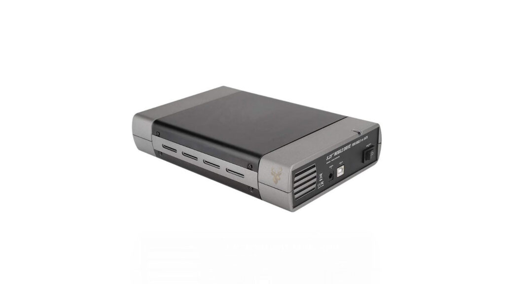 External hard drive enclosure with a power switch, USB connection, and power input for accessing a drive removed from a non-working computer.