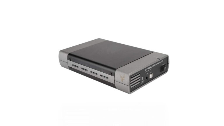 External hard drive enclosure with a power switch, USB connection, and power input for accessing a drive removed from a non-working computer.