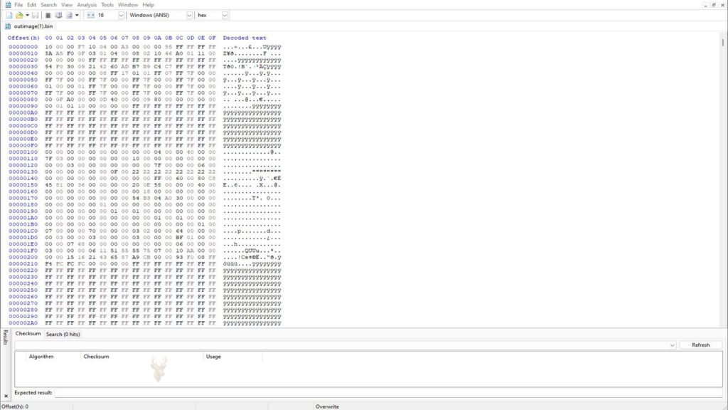 Binary data file open in a hex editor showing hexadecimal offsets, stored values, and decoded text used to examine file system data.