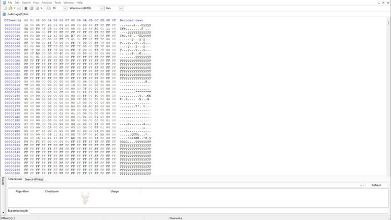 Binary data file open in a hex editor showing hexadecimal offsets, stored values, and decoded text used to examine file system data.
