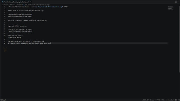 Windows Command Prompt showing a SHA-256 checksum calculation and matching hash values used to verify file integrity.