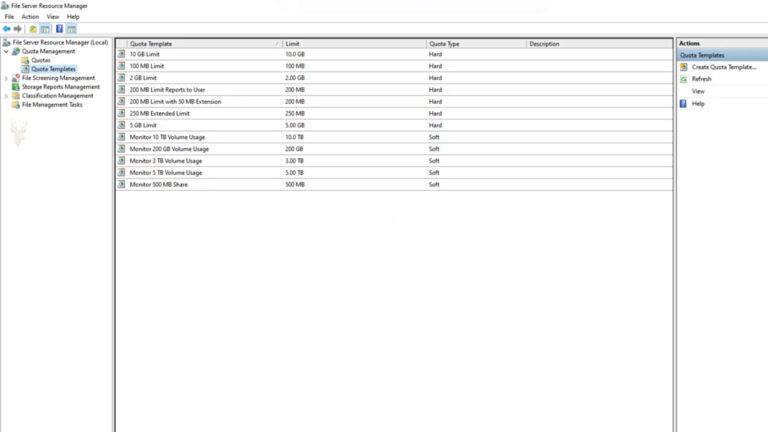File Server Resource Manager displaying multiple storage quotas assigned to folders on a business file server.
