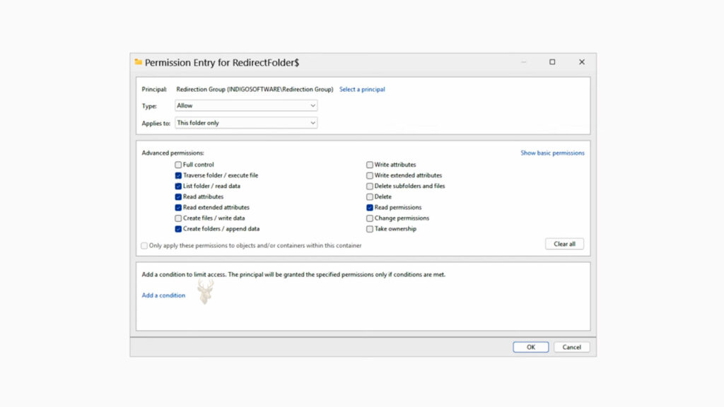 Windows folder redirection permission settings showing security entries for a redirected user profile folder in a business environment.