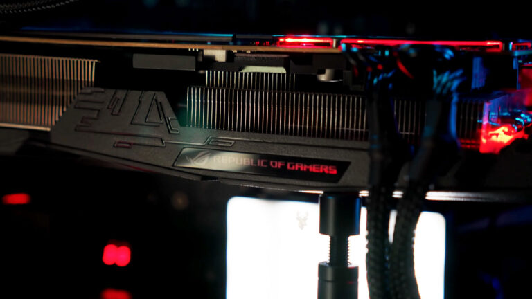 Republic of Gamers graphics card secured with a support bracket to prevent GPU sag and reduce stress on the PCIe slot.