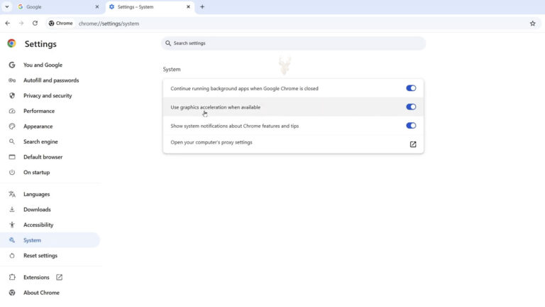 Google Chrome settings page showing the hardware acceleration option available for enabling or disabling.