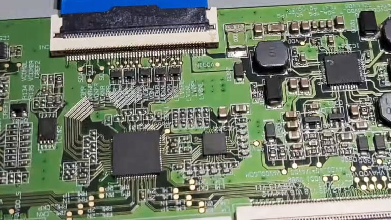 Display timing controller (TCON) board attached to an LCD panel through integrated ribbon connections.