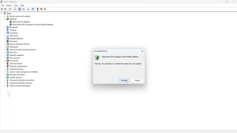 Windows Device Manager with Microsoft ACPI-Compliant Control Method Battery selected for uninstallation while troubleshooting a laptop battery stuck at 0%.