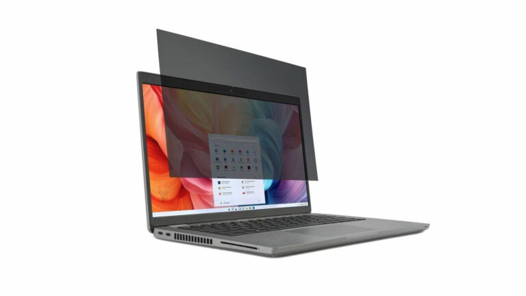 Privacy screen filter positioned in front of a laptop display to demonstrate how it fits over the screen.