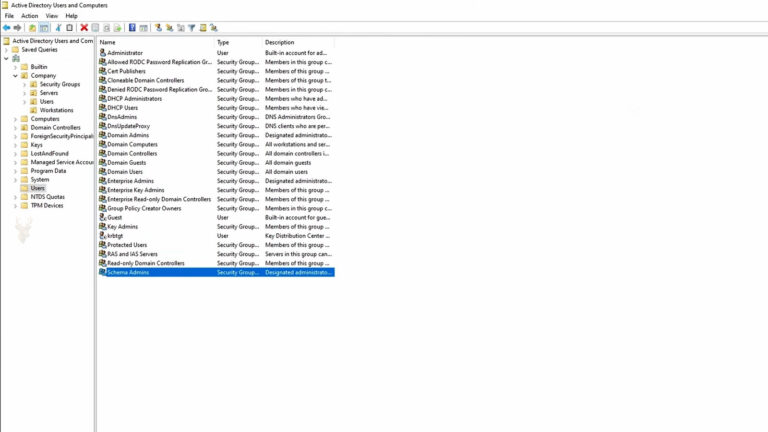 Active Directory Users and Computers console open for managing local administrator passwords on small office computers.