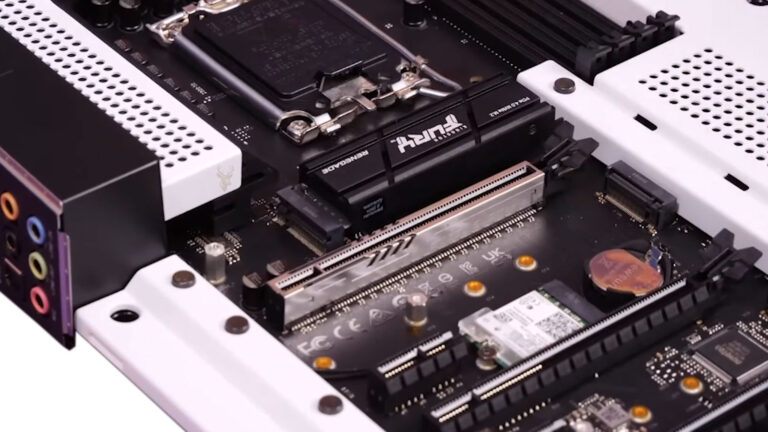 M.2 NVMe SSD installed with a small heatsink during storage diagnostics.