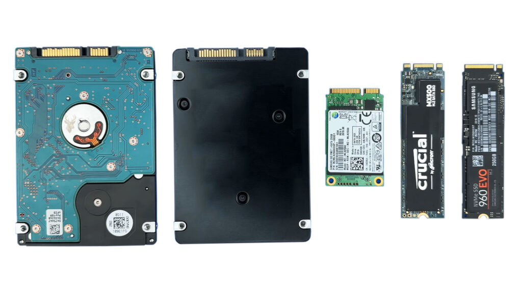 Comparison of a 2.5-inch hard drive, 2.5-inch SSD, mSATA, M.2 SATA, and M.2 NVMe drives showing their different connector key types.