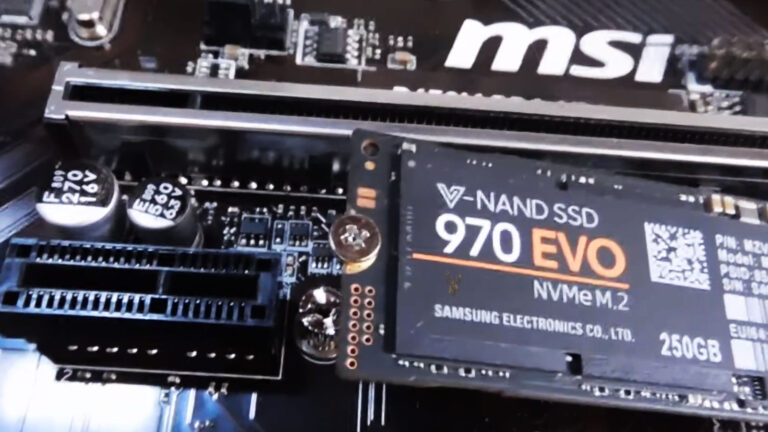 MSI motherboard with a Samsung 970 EVO 250 GB NVMe SSD installed in the M.2 slot.