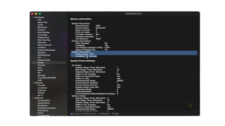 Mac System Information open to the Power section showing battery health details, cycle count, capacity, and charging status.
