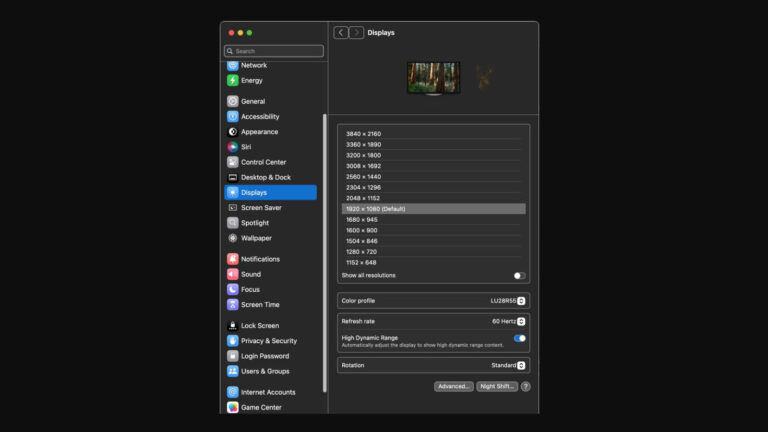 Mac display settings showing available display scaling options for adjusting text and interface size.