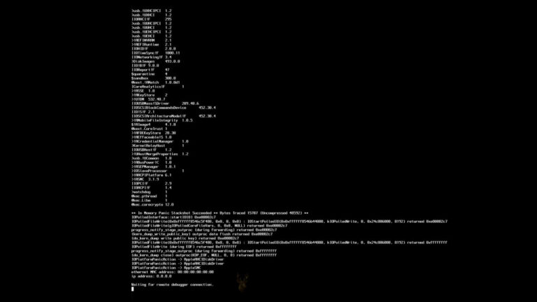 Black Mac terminal screen displaying kernel panic code before an unexpected system crash and restart.