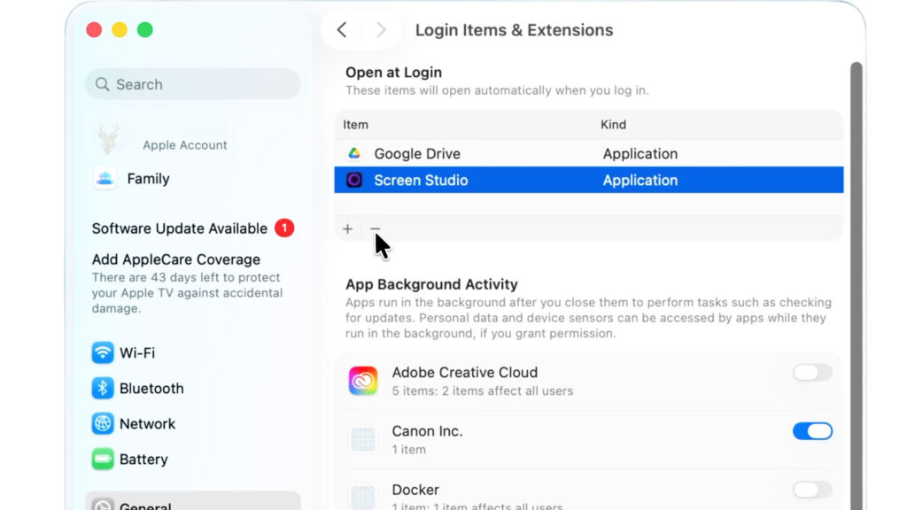 Mac Login Items and Extensions settings with the minus button selected to remove an application from opening automatically at login.