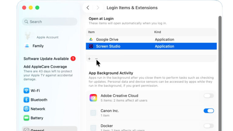 Mac Login Items and Extensions settings with the minus button selected to remove an application from opening automatically at login.
