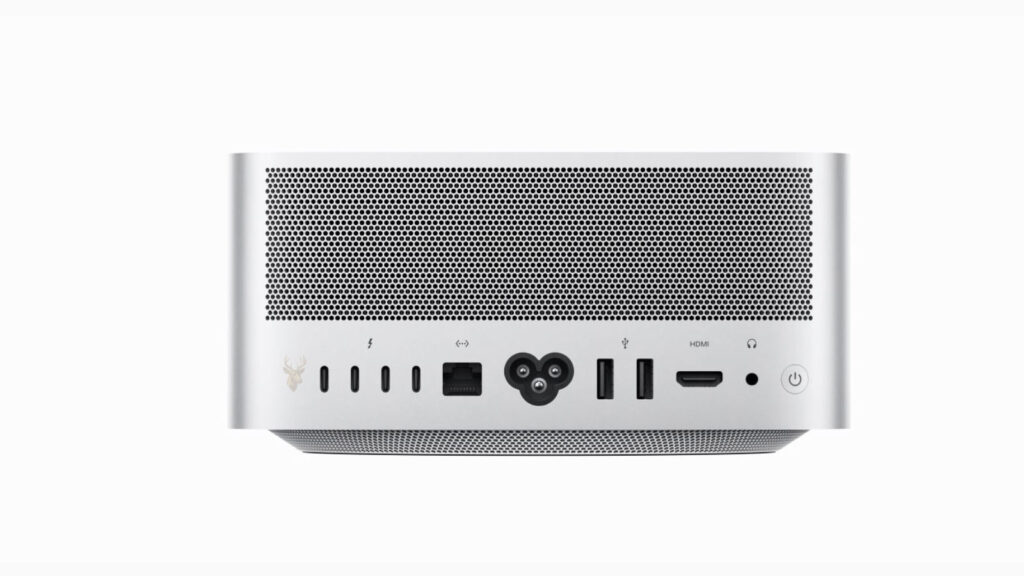 Thunderbolt ports on a Mac Studio used to detect and communicate with connected displays, storage devices, docks, and accessories.