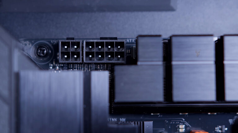 Motherboard SATA power connectors and 12-volt CPU power connectors used for system power delivery.