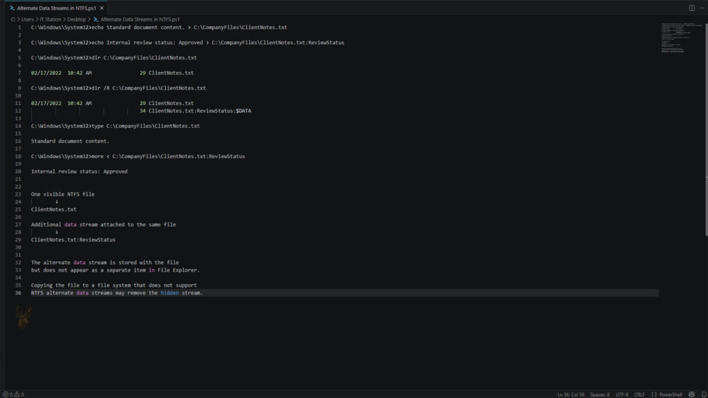 Windows Command Prompt showing an NTFS file with an attached alternate data stream that does not appear as a separate file.