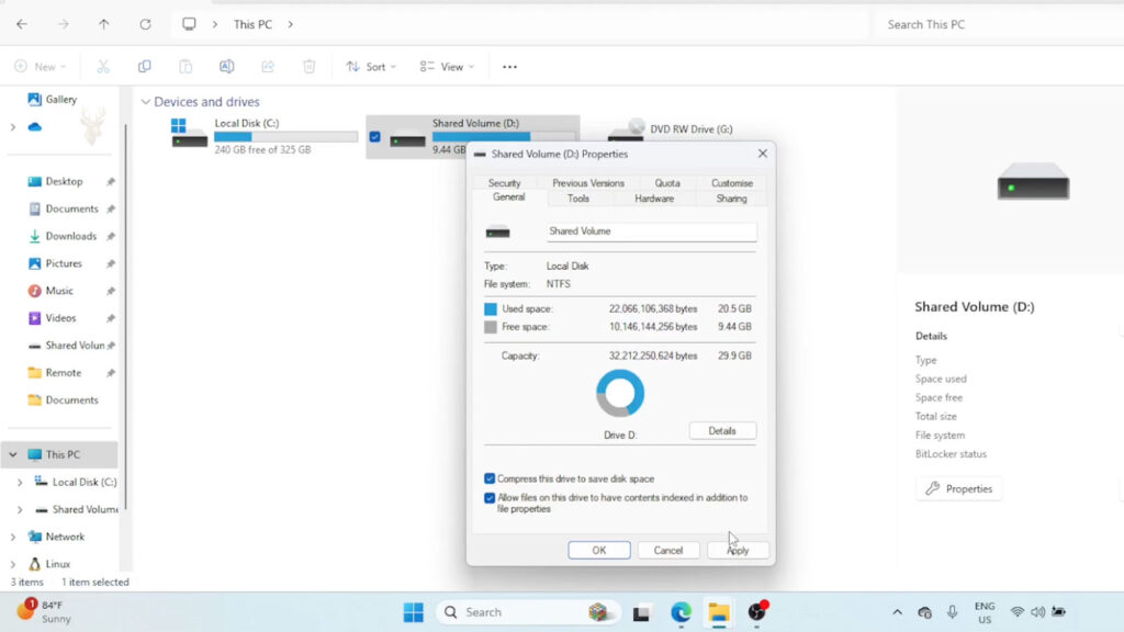 Windows drive properties with the Compress this drive to save disk space option enabled for an NTFS volume.