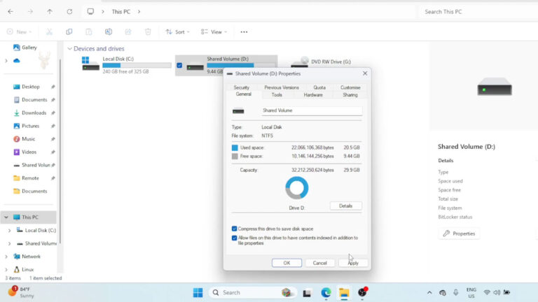 Windows drive properties with the Compress this drive to save disk space option enabled for an NTFS volume.