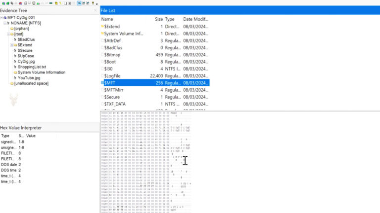 Hex editor displaying entries from the NTFS Master File Table with file records, hexadecimal values, and interpreted data.