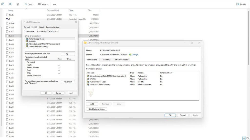 Windows file Properties showing the Security tab and Advanced Security Settings with users, groups, ownership, and NTFS permissions.