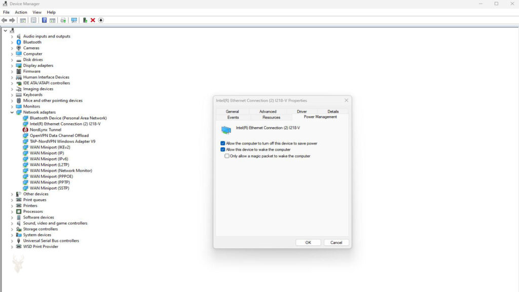 Windows Device Manager showing an Intel Ethernet adapter with power management options enabled for device shutdown and wake functions.