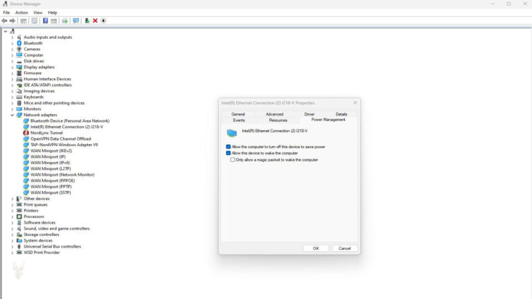 Windows Device Manager showing an Intel Ethernet adapter with power management options enabled for device shutdown and wake functions.