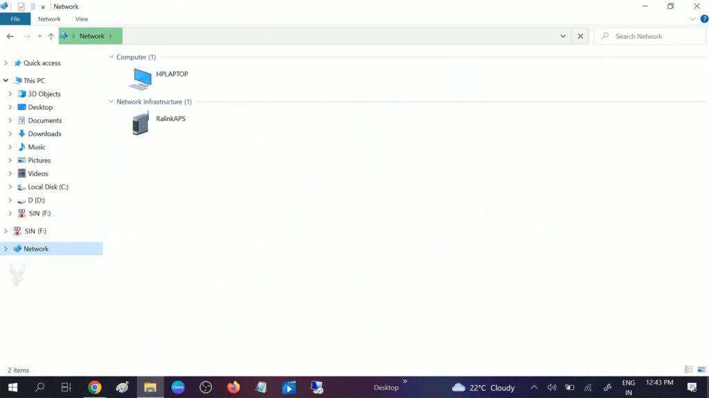 Windows Network view displaying a computer and network infrastructure devices after Network Discovery has been enabled.